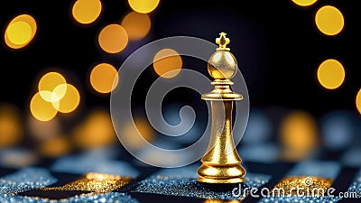 Golden figure of chess queen on fantastic chessboard, on dark background with colorful bokeh. Stock Photo