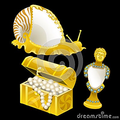 Golden figurines of shells, snails and bust Stock Photo