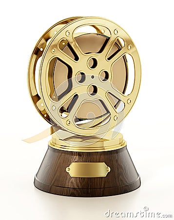 Golden film reel on wooden pedestal. Cinema award. 3D illustration Cartoon Illustration