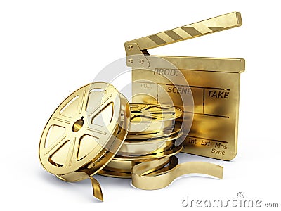 Golden Film Reels and Clapper board Stock Photo