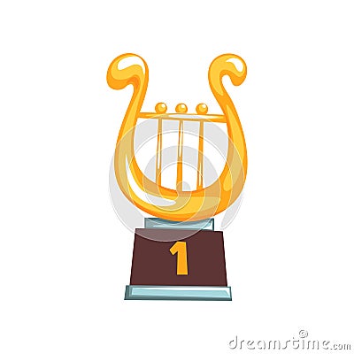 Golden first place trophy with lyre on brown base. Academic award icon in flat design. Vector illustration Vector Illustration