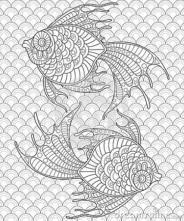 Golden fish. Pisces. Adult antistress coloring page Vector Illustration