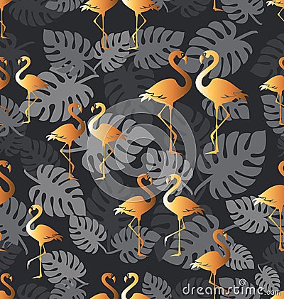 Golden flamingo. Seamless pattern with tropical birds. Vector Illustration