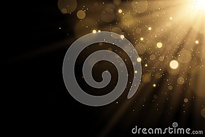 Golden flash of light with glares bokeh with glitters on a black background. Rays of light. Vector illustration Vector Illustration