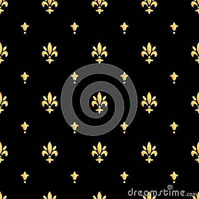 Golden fleur-de-lis seamless pattern. Gold template. Floral classic texture. Fleur de lis royal lily retro background. Design vint Stock Photo