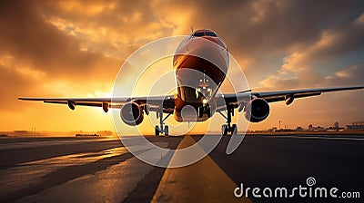 Skyward View of Airplane Landing at Dusk with Gleaming Metal Surfaces and Wingtip Lights. Generative Ai Stock Photo