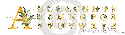 Golden floral alphabet font uppercase letters with flowers leaves gold splatters Vector Illustration