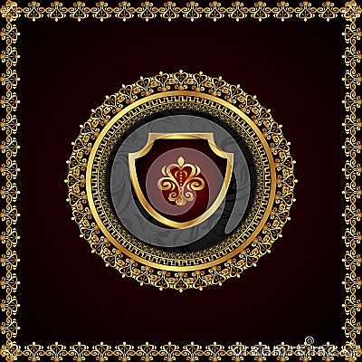 Golden floral frame with heraldic elements Vector Illustration