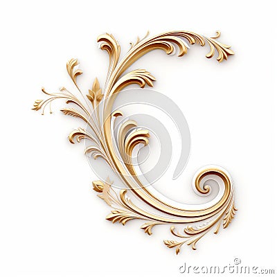 Golden Floral Letter C: Elegant Rococo Style Ornament 3d Illustration Stock Photo