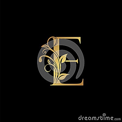 Golden floral letter E logo Icon, Luxury alphabet font initial vector design isolated on black background Vector Illustration