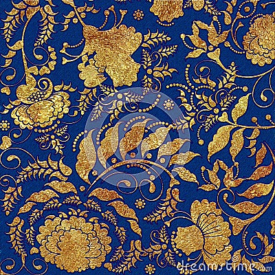 Golden floral pattern on blue backgraund Stock Photo