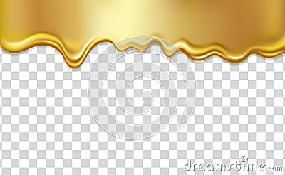 Golden flowing liquid, isolated on transparent background. Gold honey, syrup, oil, paint or metal dripping, 3D realistic Vector Illustration