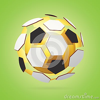 Golden Football / Soccer Ball Inside Real Colors Polygons. Bright Green Sport Background. Vector Illustration