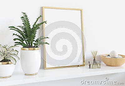 Golden frame leaning on white shelve in interior with plants and decorations mockup 3D rendering Stock Photo