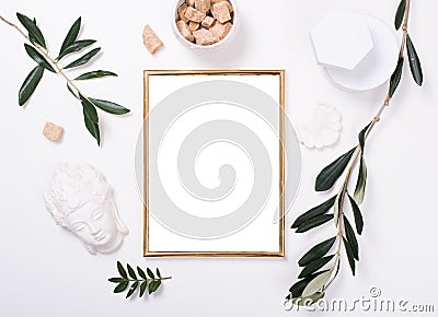 Golden frame mock-up on white tabletop Stock Photo