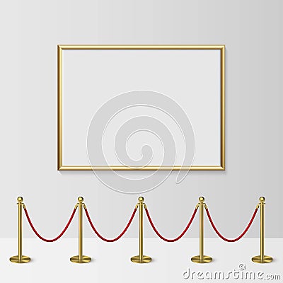 Golden frame for picture with gold stanchions barrier. Mock up template for famous painting vector illustration Vector Illustration