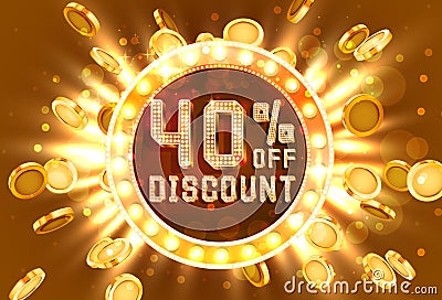 Golden frame 40 sale off text banner. Money explosion gold Cartoon Illustration