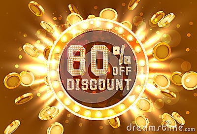 Golden frame 80 sale off text banner. Money explosion gold Cartoon Illustration