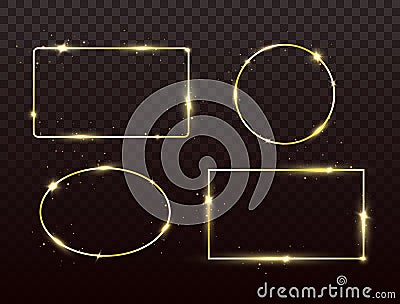 Golden frames set with light effect. Glitter banners on dark transparent background. Gold luxury glowing frames. Bright Vector Illustration