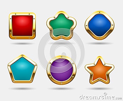 Golden game buttons isolated on white background. Vector candy button frames in shapes of square, circle and star Vector Illustration