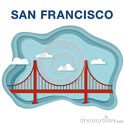 Golden gate bridge illustration made in paper cut style. Vector Illustration