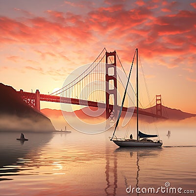 Golden Gate Bridge at Sunrise: A Jaw-Dropping Perspective in a Mystical Haze Stock Photo