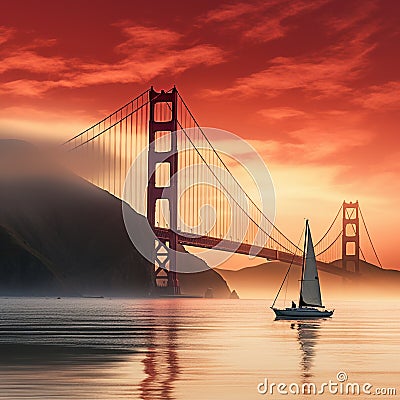 Golden Gate Bridge at Sunrise: A Jaw-Dropping Perspective in a Mystical Haze Stock Photo