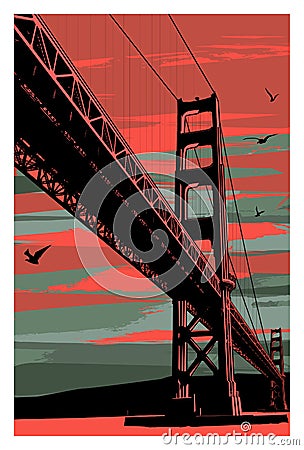 Golden Gate Bridge at sunset, San Francisco, USA Vector Illustration