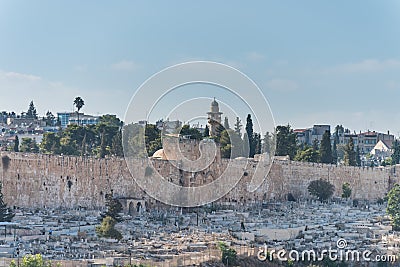 Golden gate at the old wall, Jewish tombs and Muslim quarter of the old city on the temple mount of Jerusalem Stock Photo