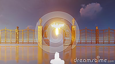 Golden gates of heaven opening to reveal glowing angel and flying doves Stock Photo