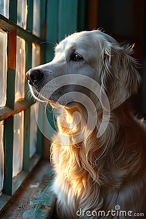 Golden Gaze: A Devoted Dog's Longing for Reunion Through the Win Stock Photo