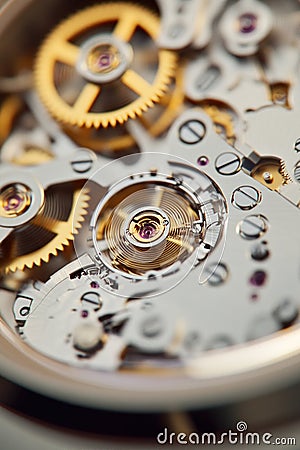 Intricate clockwork mechanism showing precise engineering and timekeeping Stock Photo
