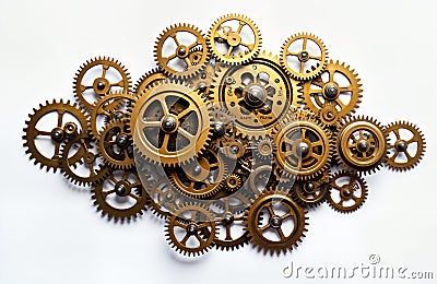 Golden gears intricately arranged on white background create complex clockwork design. Intricate metalwork, precision engineering Stock Photo