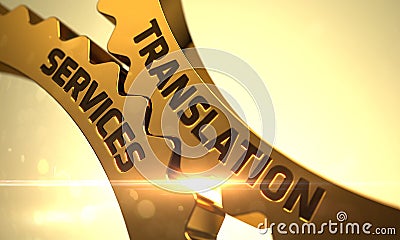 Golden Gears with Translation Services Concept. 3D. Stock Photo