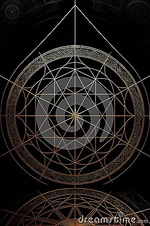 A golden geometric design on a black background, overlaid sacred geometry. Stock Photo