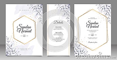 Golden geometric frame wedding card set template with leaves watercolor Vector Illustration