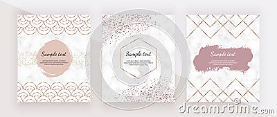 Golden geometric polygonal lines, mermaid scale fish, rose gold confetti and watercolor brush stroke and marble texture. Trendy te Vector Illustration