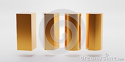 Golden geometric shapes set, rectangle, trapeze, cylinder and octagon. Empty pedestals or podiums, museum stages Stock Photo