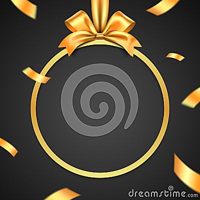 Golden gift box circle frame with bow and exploded ribbon on a black background. Luxury gift card vector design Vector Illustration