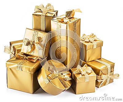 Golden gift boxes as a symbol of wishes and celebration on white background Stock Photo