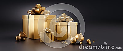 Golden gift boxes in snow in with dark background Cartoon Illustration