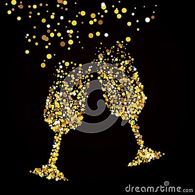Golden glass with champagne. A black background. Vector Illustration