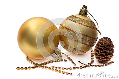 Golden glass spheres and christmas decoration Stock Photo