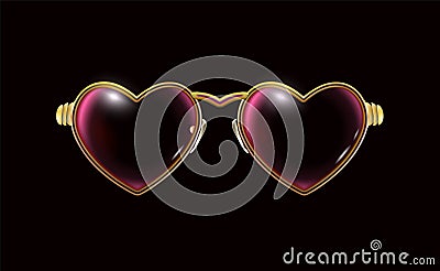 Golden glasses with a rim of hearts, isolated in black background. Eyeglasses obligatory Attribute of Valentines day. Retro design Vector Illustration