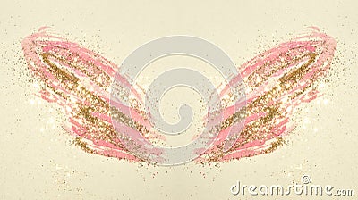 Golden glitter on abstract pink watercolor wings in vintage nostalgic colors. Stock Photo