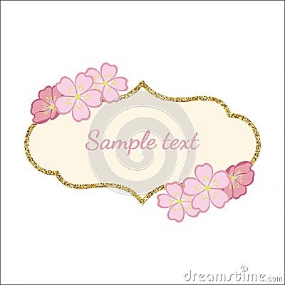 Golden glitter frame with branches of cherry blossoms. Vector Illustration