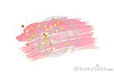 Golden glitter and glittering stars on abstract pink watercolor splash on white background Stock Photo