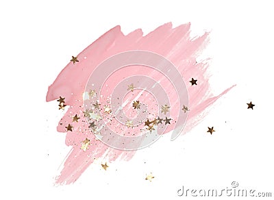 Golden glitter and glittering stars on abstract pink watercolor splash on white background Stock Photo