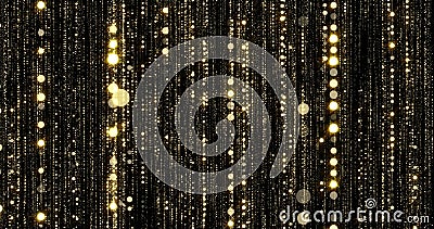 Golden glitter and gold particles rain, flowing light threads curtain with bokeh sparks. Gold glitter particles rain falling flow Stock Photo