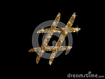 Golden glitter of isolated hand writing word HASHTAG symbol Vector Illustration